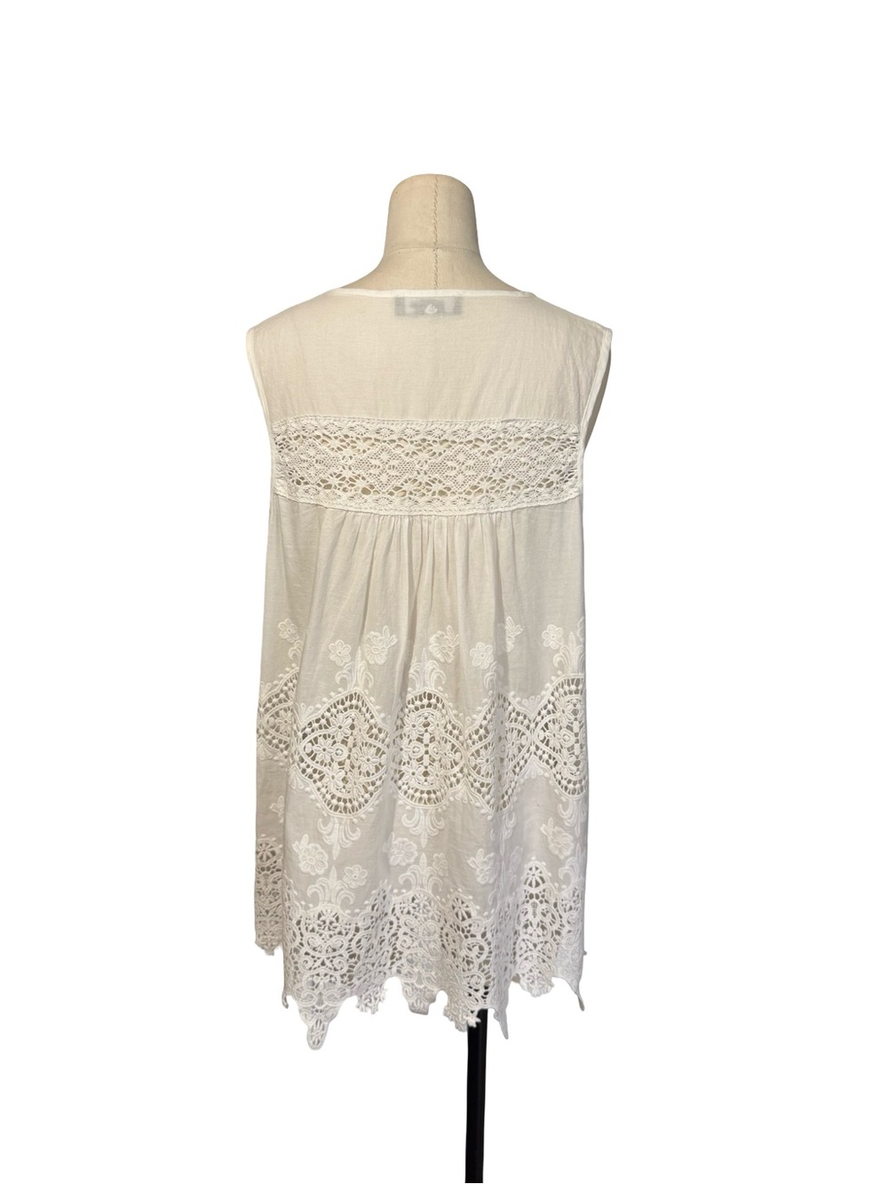 White Lace Embroidered Boho Tank Top 100% Cotton Sleeveless Crochet Trim Size M - Picture 6 of 10